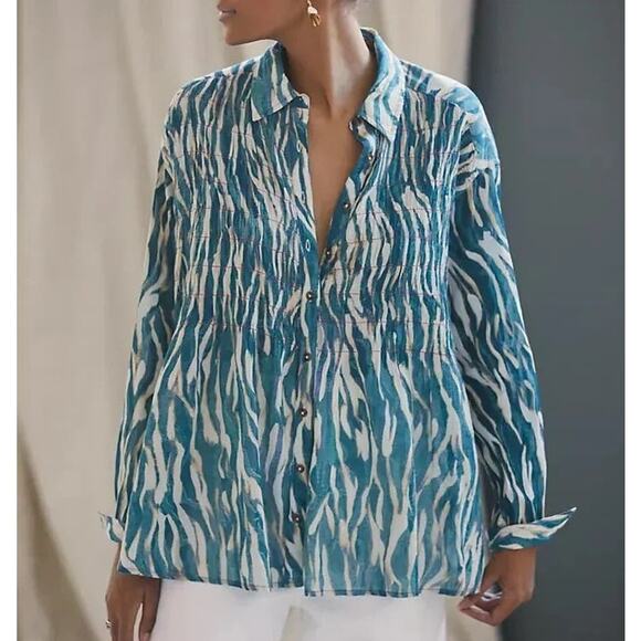 Pilcro Anthropologie cream & teal striped button down long sleeve shirt size XS - Picture 1 of 13